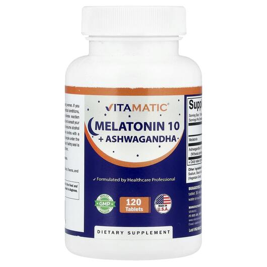 Основне фото товара Vitamatic, Melatonin 10 + Ashwagandha, Мелатонін, 120 таблеток