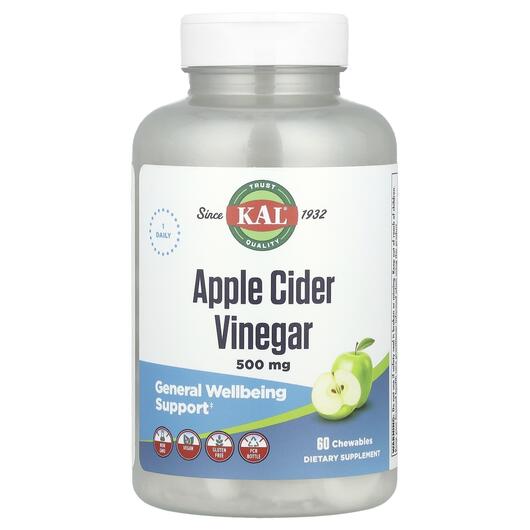 Основне фото товара Apple Cider Vinegar Green Apple 500 mg Основне фото товара KAL, Apple Cider Vinegar 500 mg, Яблучний оцет, 60 цукерок