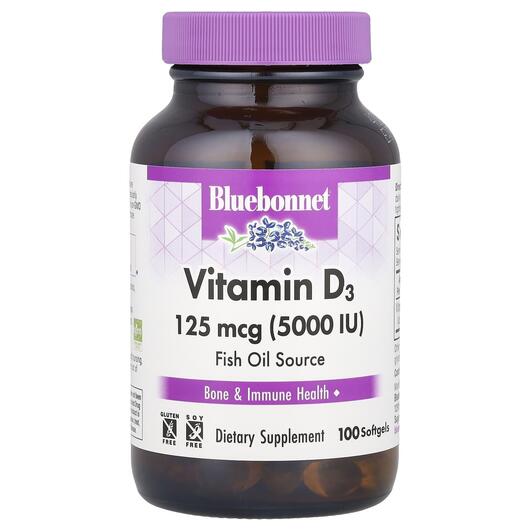 Основне фото товара Bluebonnet Nutrition, Vitamin D3 5000 IU, Вітамін D3, 100 капсул