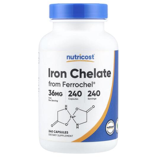 Основне фото товара Nutricost, Iron Chelate From Ferrochel 36 mg, Залізо, 240 капсул