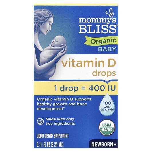 Основне фото товара Mommy's Bliss, Vitamin D Organic Drops Newborn +, Вітамін D3
