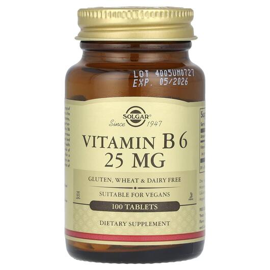 Основне фото товара Vitamin B6 25 mg Основне фото товара Solgar, Vitamin B6 25 mg, Вітамін B6 25 мг, 100 таблеток