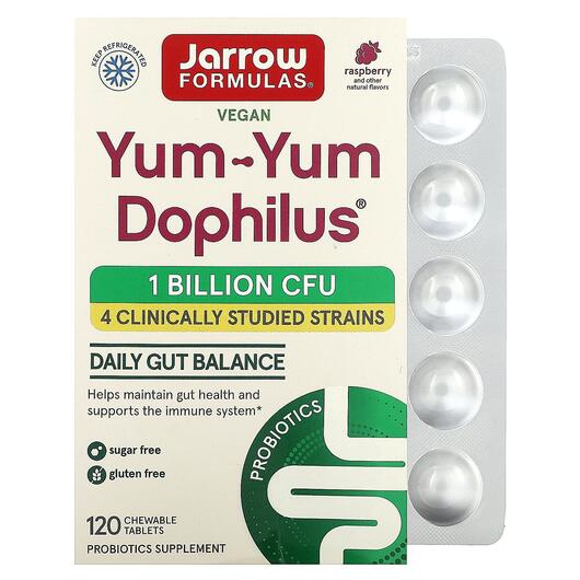 Основное фото товара Yum-Yum Dophilus Sugar-Free! Natural Raspberry Основное фото товара Jarrow Formulas, Пробиотики, Yum-Yum Dophilus Chewable, 120 конфе