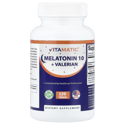 Основне фото товара Vitamatic, Melatonin 10 + Valerian, Мелатонін, 120 таблеток