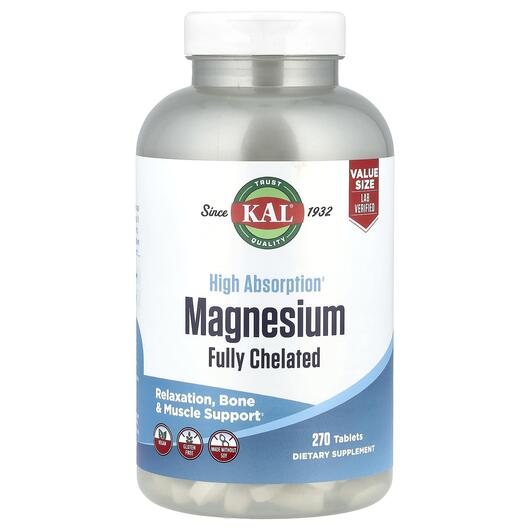 Основне фото товара High Absorption Magnesium Fully Chelated Основне фото товара KAL, Magnesium Fully Chelated, Магній, 270 таблеток