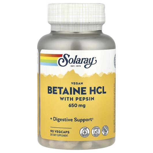 Основное фото товара Solaray, Бетаин гидрохлорид, Betaine HCL with Pepsin, 90 капсул