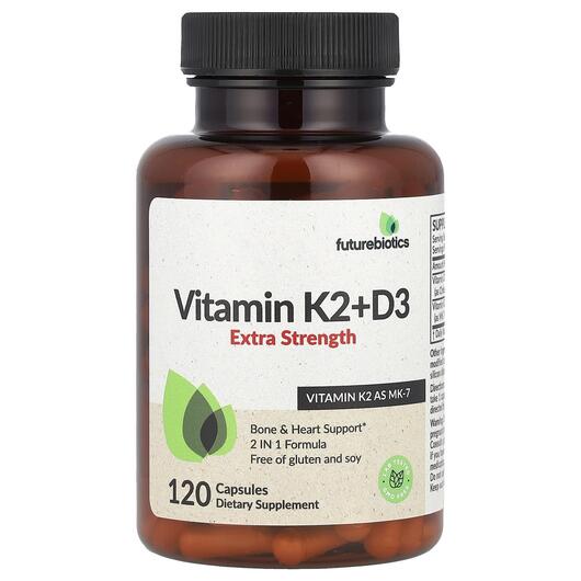 Основне фото товара Vitamin K2 + D3 Extra Strength Основне фото товара Future Biotics, Vitamin K2 + D3 Extra, Вітаміни D3 та K2, 120 кап