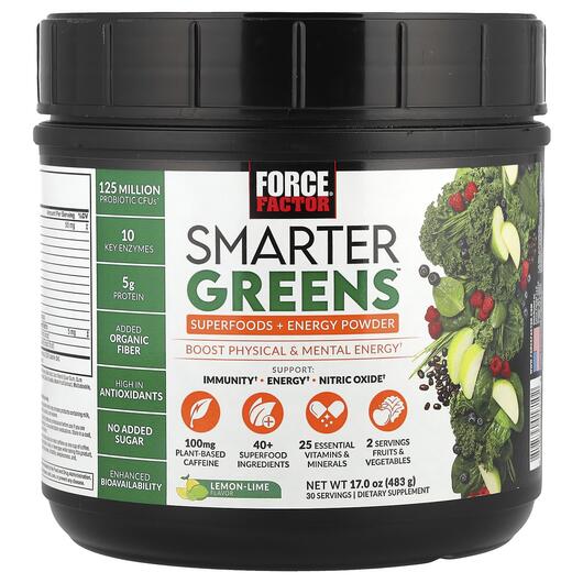 Основне фото товара Smarter Greens Superfoods + Energy Powder Lemon-Lime Основне фото товара Force Factor, Smarter Greens Superfoods + Energy, Суперфуд, 436 г