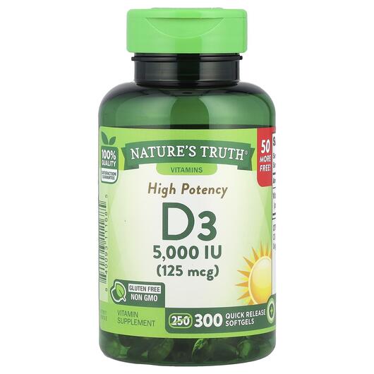 Основне фото товара High Potency Vitamin D3 125 mcg 5000 IU Основне фото товара Nature's Truth, Vitamin D3 5000 IU, Вітамін D3, 300 капсул