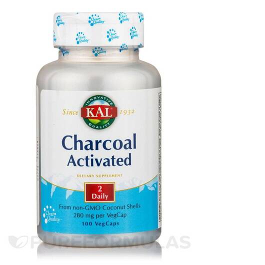 Основне фото товара Charcoal Activated 280 mg Основне фото товара KAL, Charcoal Activated 280 mg, Активоване вугілля, 100 капсул