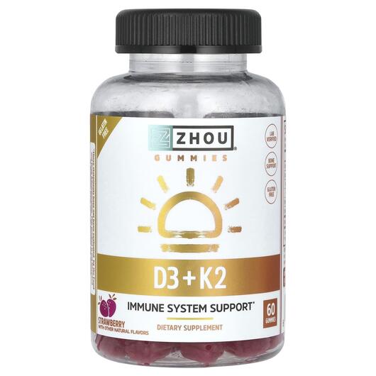 Основне фото товара Zhou Nutrition, K2 + D3 Strawberry, Вітаміни D3 K2, 60 таблеток