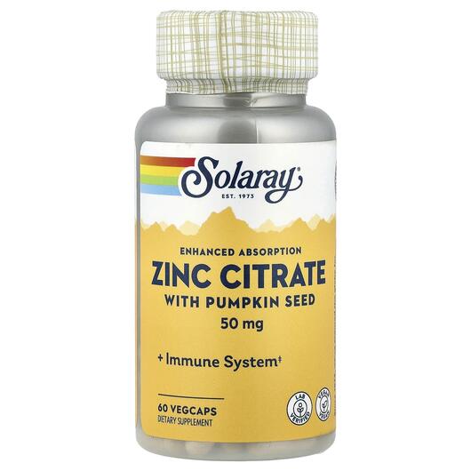 Основне фото товара Solaray, Zinc Citrate 50 mg, Цинк та Гарбузове насіння, 60 капсул