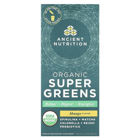 Основне фото товара Organic Super Greens Mango Основне фото товара Ancient Nutrition, Organic Super Greens Mango, Супергрінс, 16 шт
