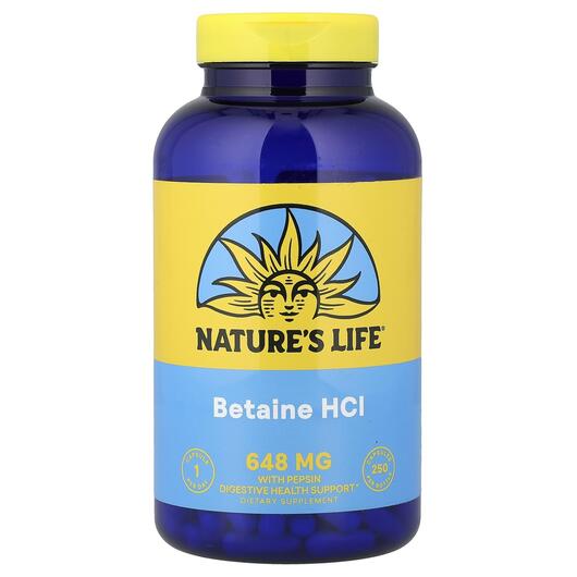 Основне фото товара Natures Life, Betaine HCl 648 mg 250, Бетаїн HCl 648 мг, 250 капс