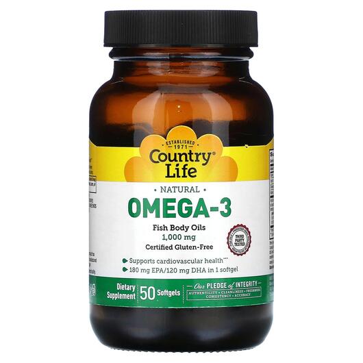 Основное фото товара Country Life, Омега 3, Natural Omega-3 1000 mg, 50 капсул