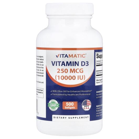 Основное фото товара Vitamatic, Витамин D3, Vitamin D3 250 mcg 10000 IU, 500 капсул